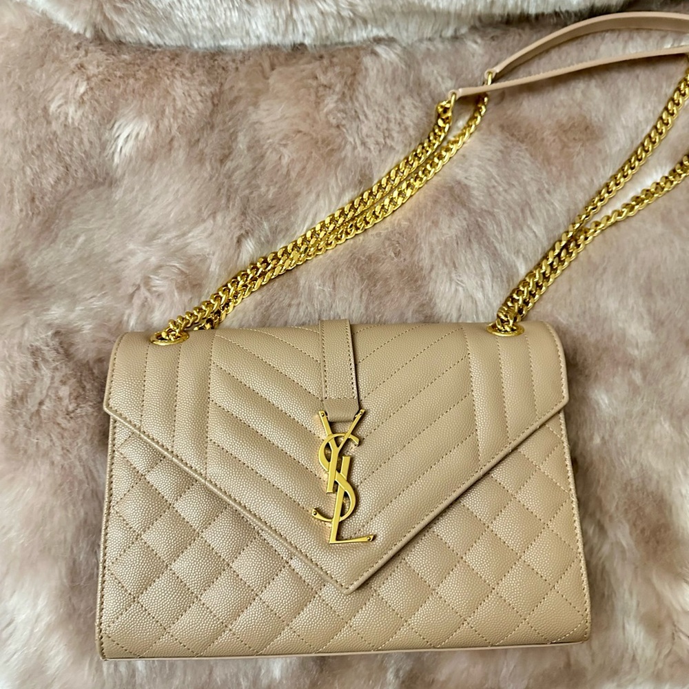 Yves Saint Laurent Envelope Medium Beige Tan Triquilt Shoulder Bag - Picture 15 of 16
